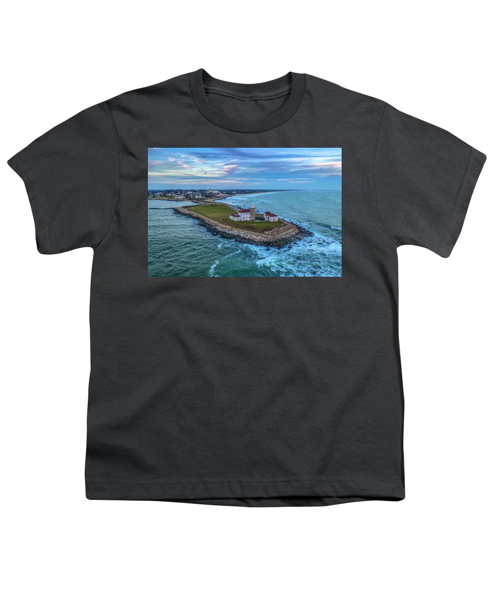 Watch Hill Lighthouse Youth T-Shirt featuring the photograph Winter Peace by Veterans Aerial Media LLC