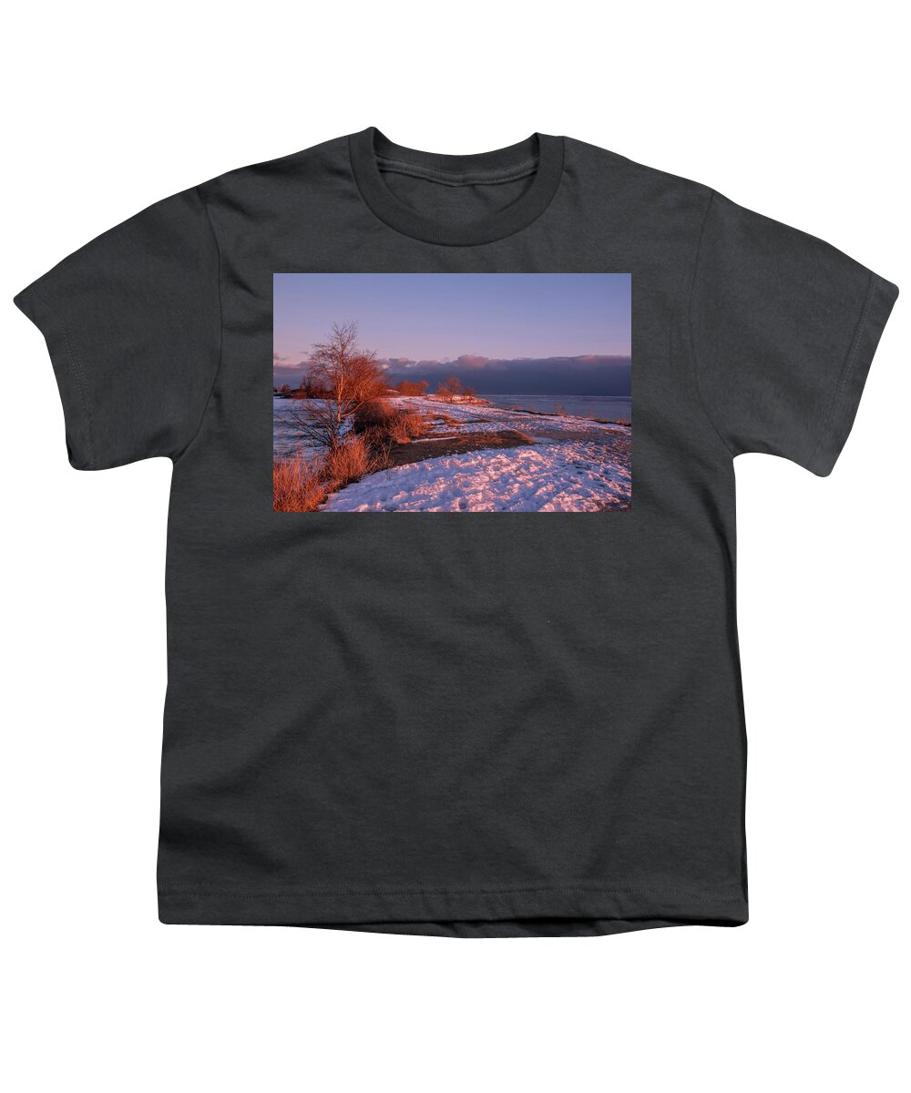 Sam Smith Park Youth T-Shirt featuring the photograph Winter Sunset Walkway by a Lake by John Twynam
