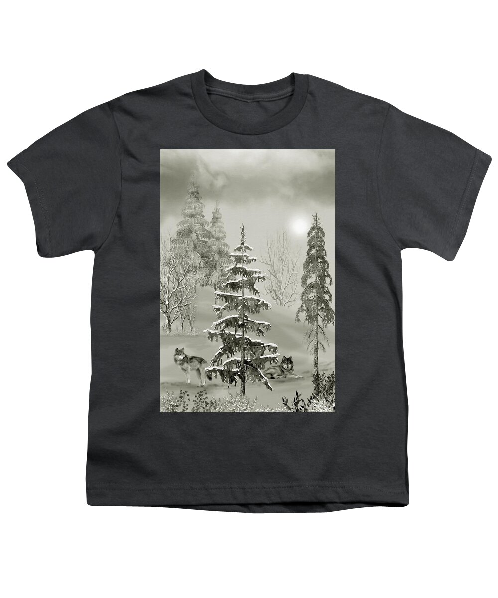 Wolf Youth T-Shirt featuring the mixed media Wolves In The Winter Forest by David Dehner