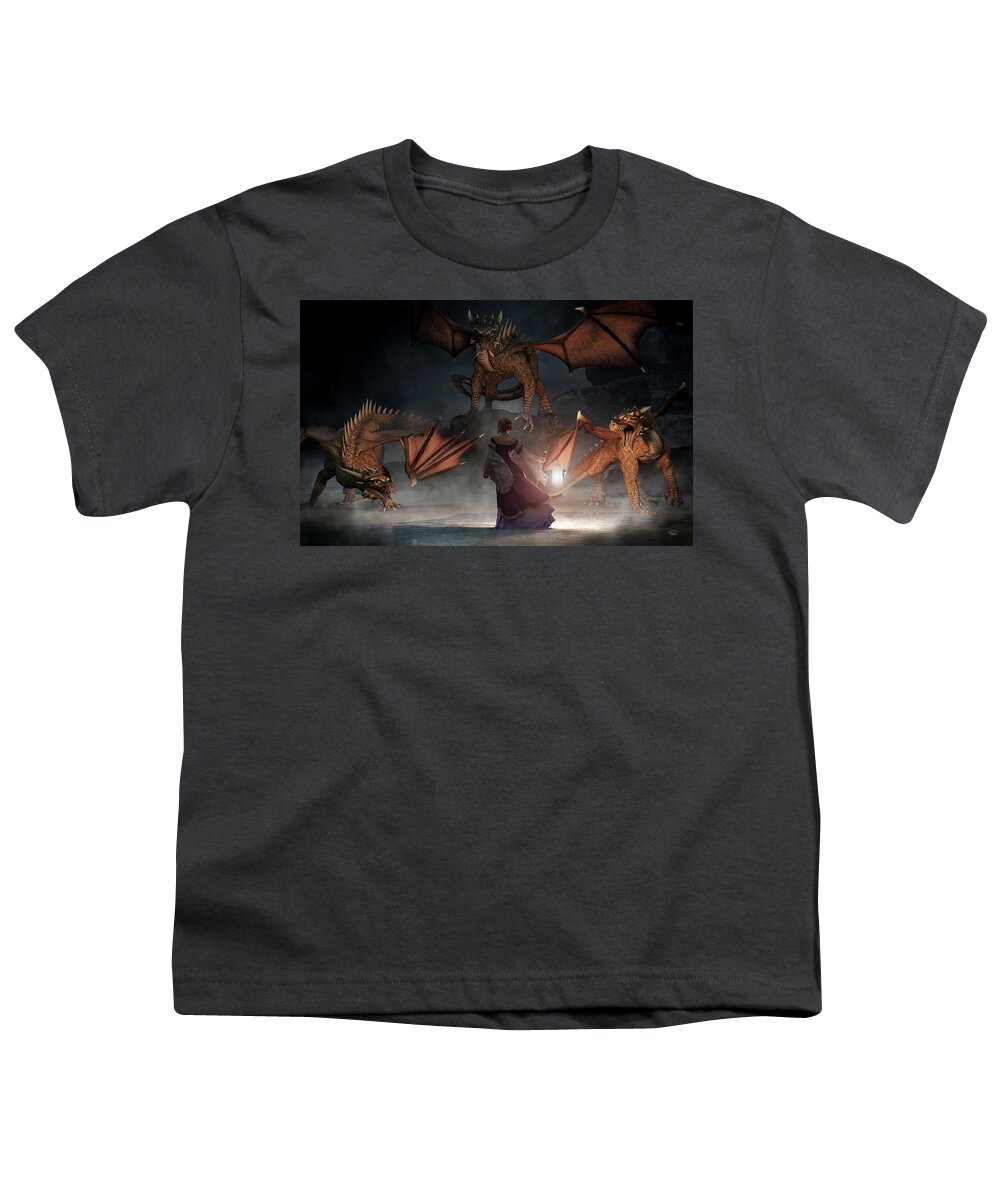 The Light Of Truth Youth T-Shirt featuring the digital art Woman with a Lantern Facing Dragons by Daniel Eskridge