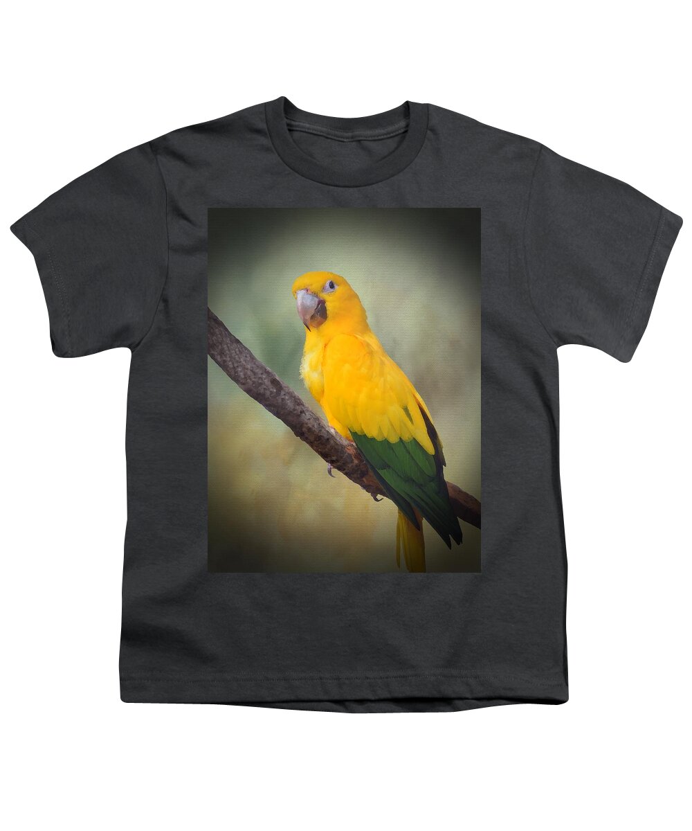 Bird Youth T-Shirt featuring the mixed media Yellow Green Parrot Bird 85 by Lucie Dumas