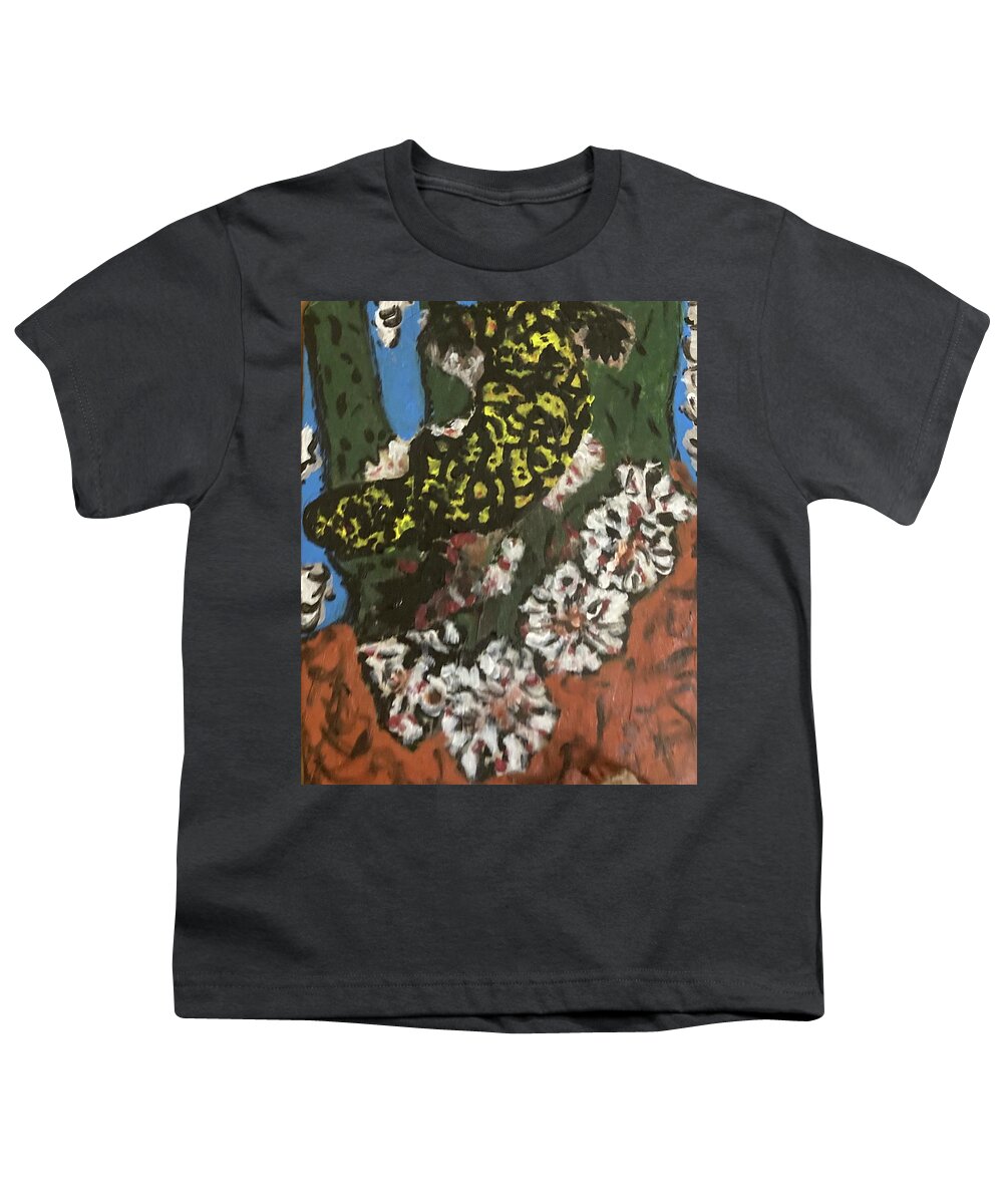 Paintings Of Lizards Youth T-Shirt featuring the mixed media Yellow lizard Cactus Flowers by Bencasso Barnesquiat