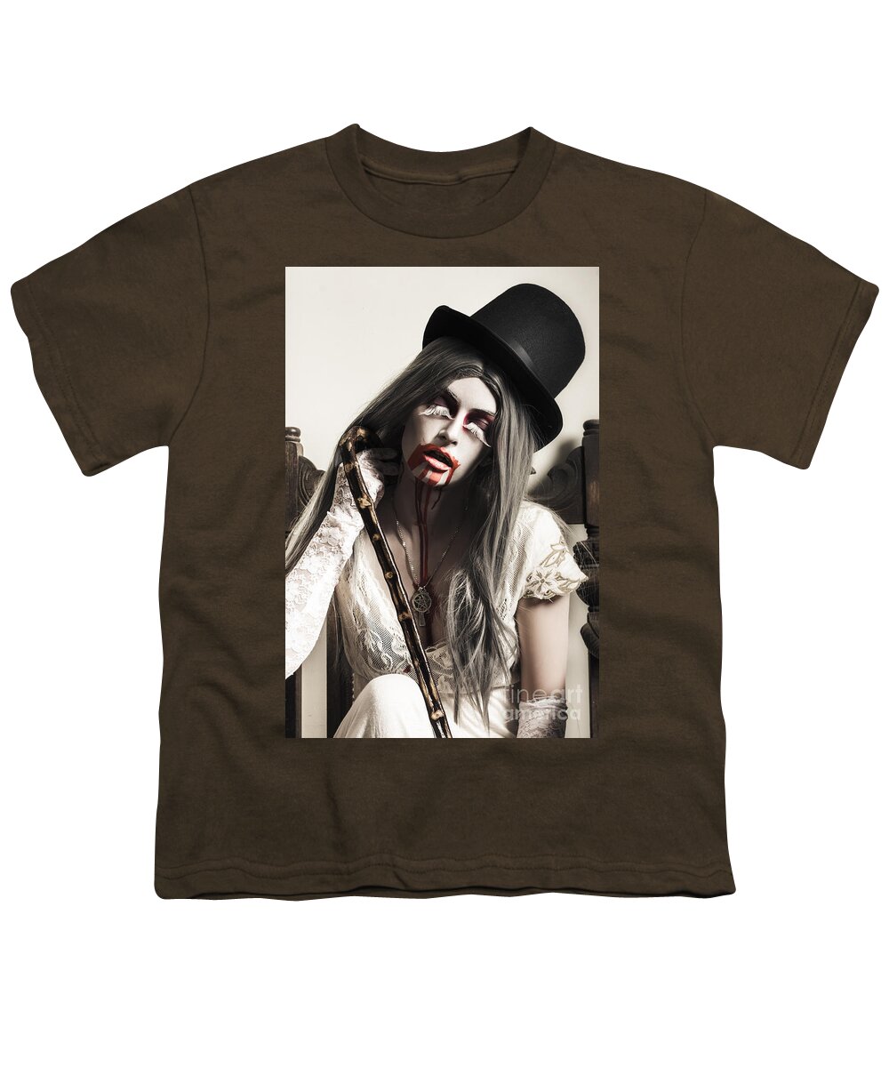 Horror Youth T-Shirt featuring the photograph Grunge ghost girl with blood mouth. Dark fine art #1 by Jorgo Photography