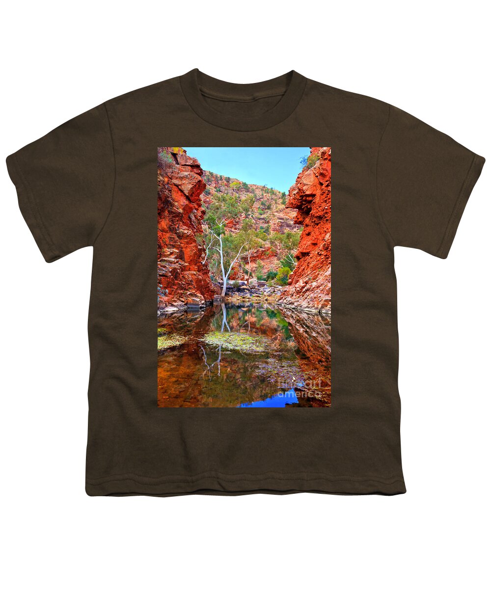 Serpentine Gorge Central Australia Northern Territory Outback Landscape Australian Gum Tree Water Hole Youth T-Shirt featuring the photograph Serpentine Gorge Central Australia by Bill Robinson
