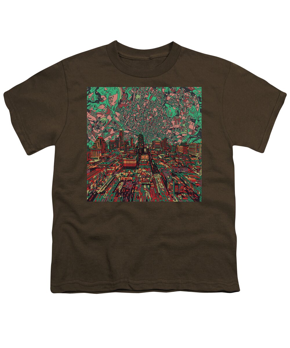 Austin Youth T-Shirt featuring the painting Austin Texas Vintage Panorama 3 by Bekim M