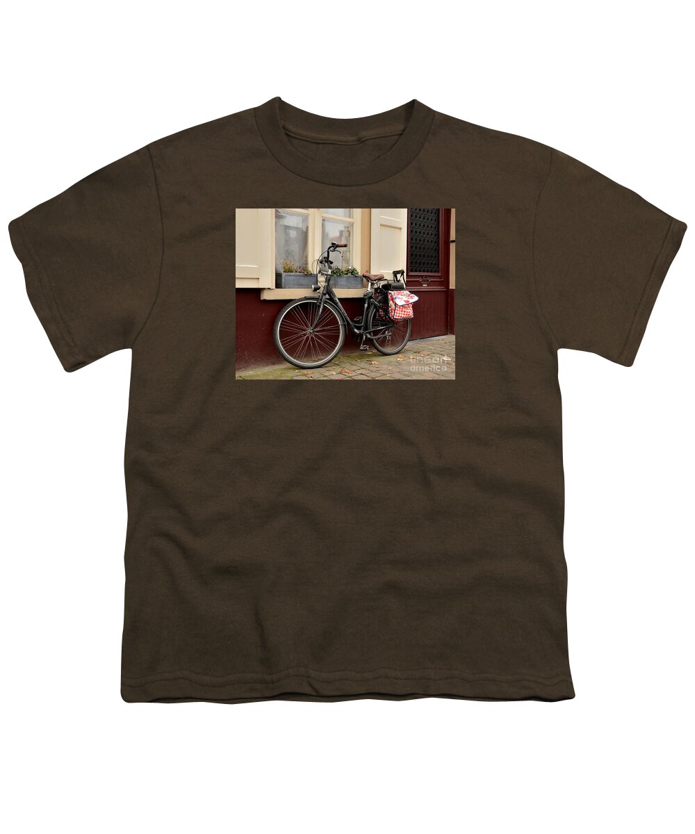 Bike Youth T-Shirt featuring the photograph Bicycle with baby seat at doorway Bruges Belgium by Imran Ahmed
