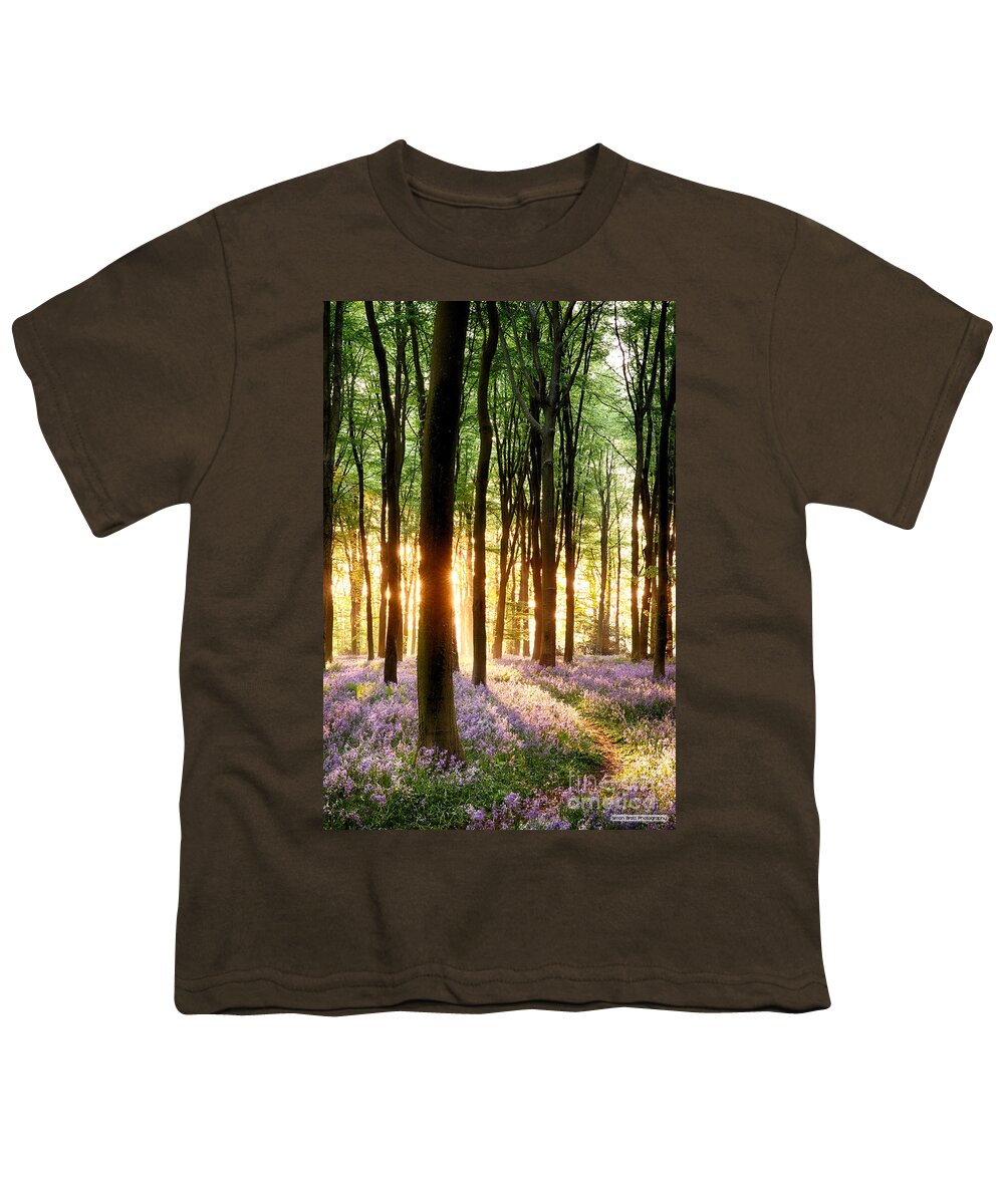 Flower Youth T-Shirt featuring the photograph Bluebells in sunrise light by Simon Bratt