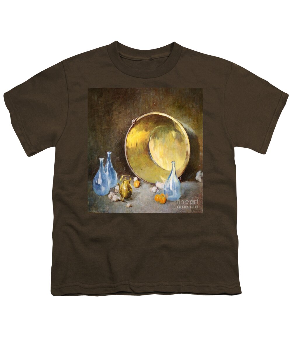 Still Life Youth T-Shirt featuring the digital art Brass Kettle with Blue Bottles After Carlsen by Lianne Schneider