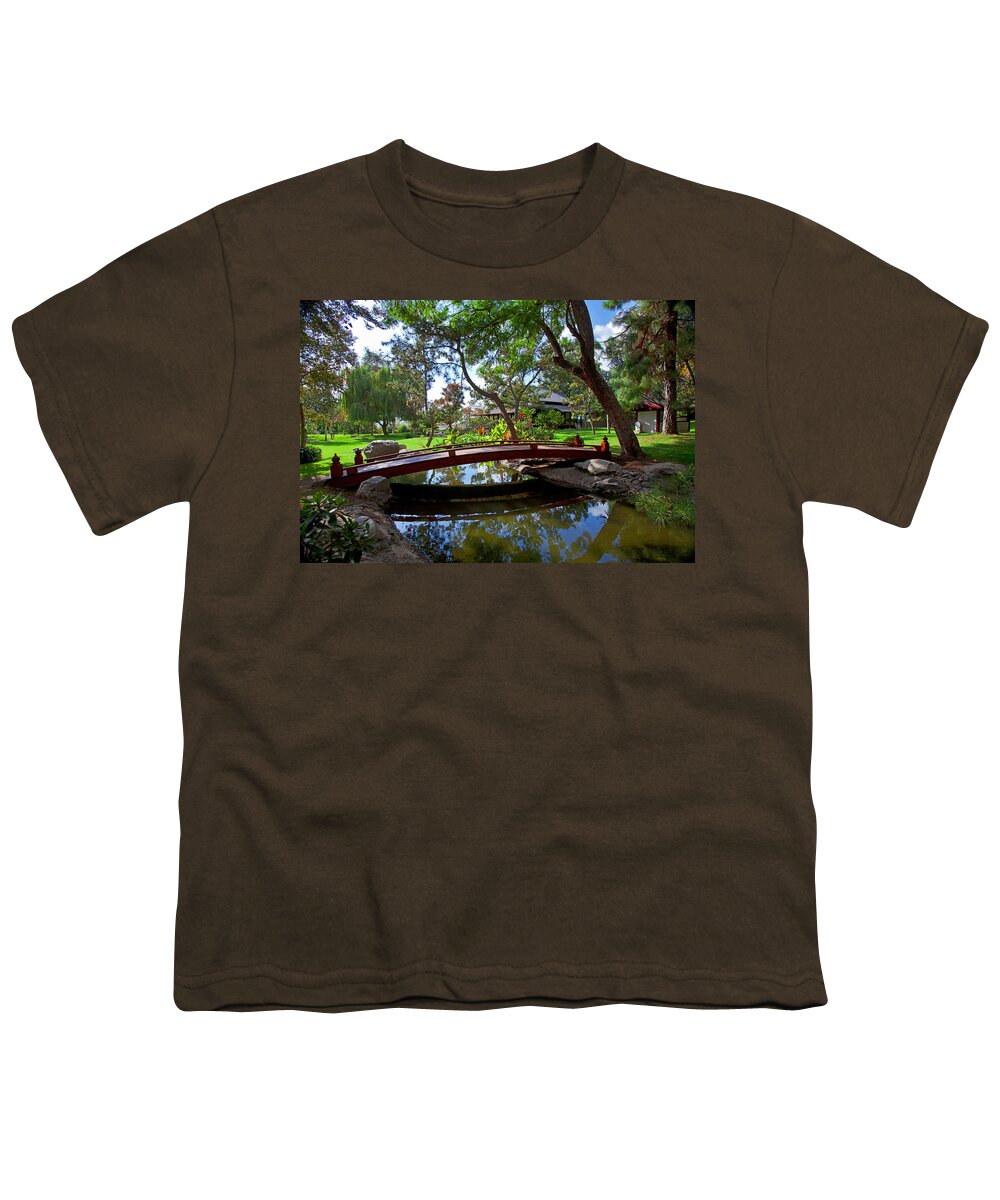 Japanese Gardens Youth T-Shirt featuring the photograph Bridge over Japanese Gardens Tea House by Jerry Cowart