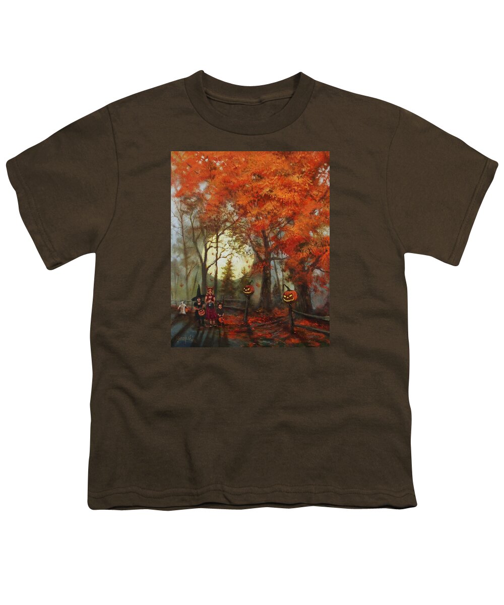  Autumn Youth T-Shirt featuring the painting Full Moon on Halloween Lane by Tom Shropshire