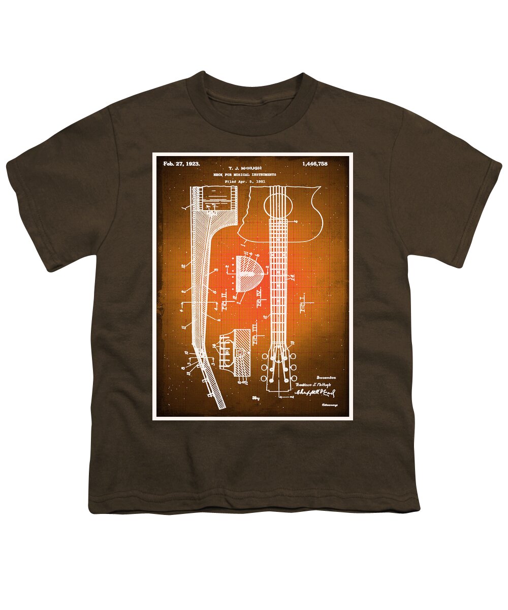 Guitar Youth T-Shirt featuring the drawing Gibson Thaddeus J Mchugh Guitar Patent Blueprint Drawing Sepia by Tony Rubino