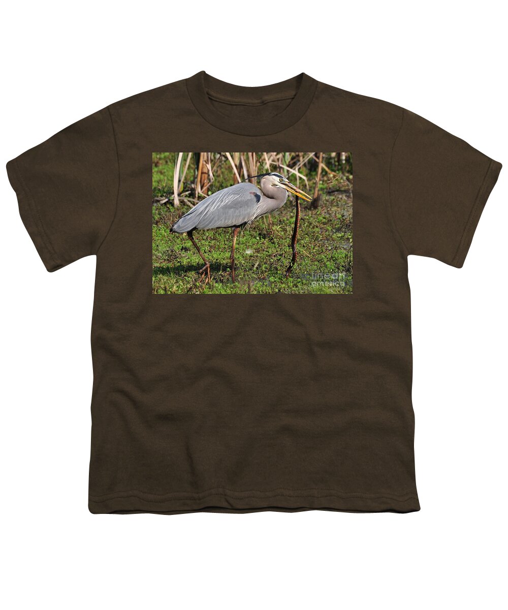 Heron Youth T-Shirt featuring the photograph Great Blue Heron And The Banded Water Snake by Kathy Baccari