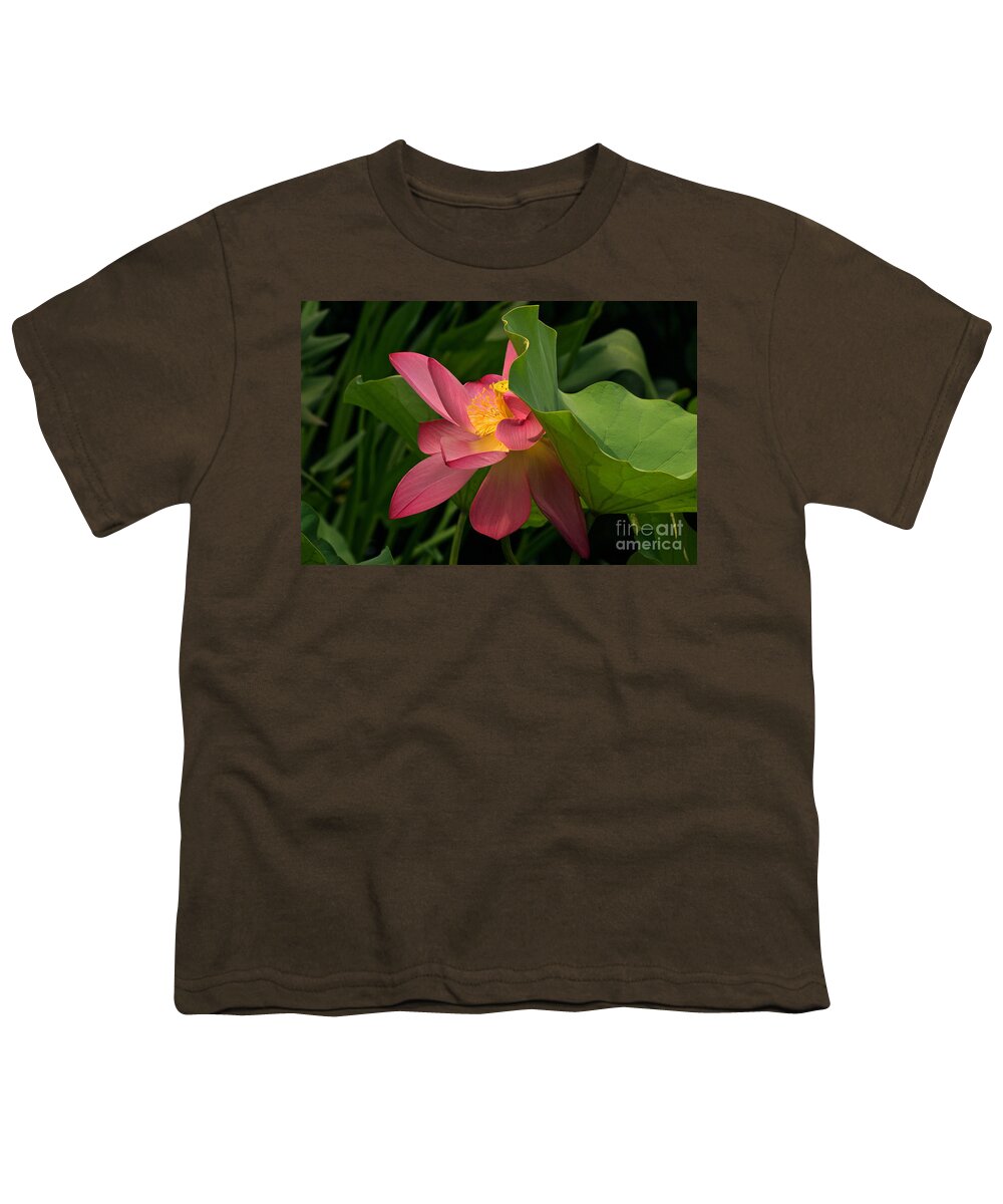 Lotus Blossom With Leaves Youth T-Shirt featuring the photograph Peekaboo Lotus Blossom by Byron Varvarigos