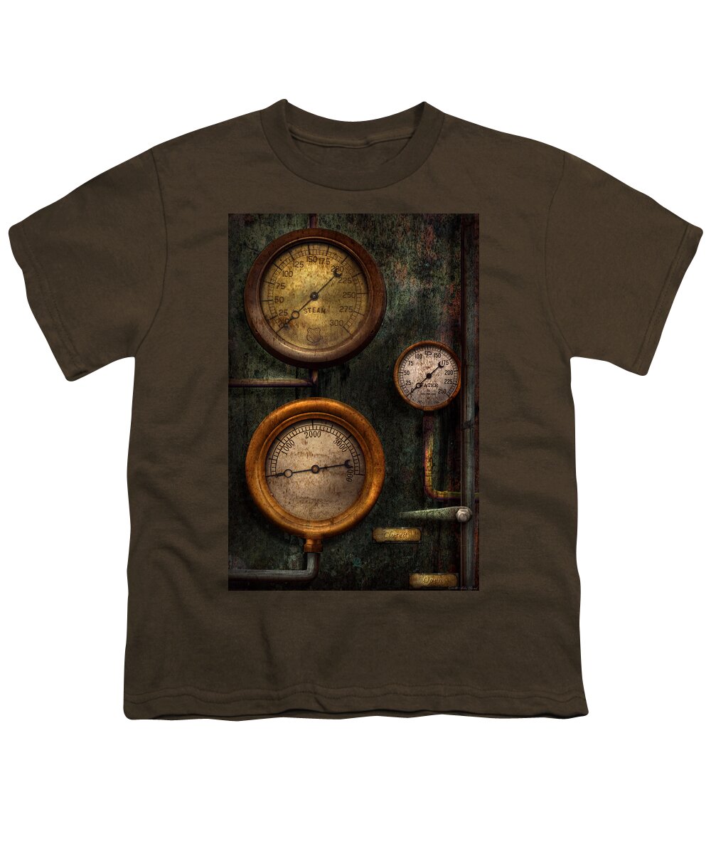 Steampunk Youth T-Shirt featuring the photograph Steampunk - Plumbing - Gauging success by Mike Savad