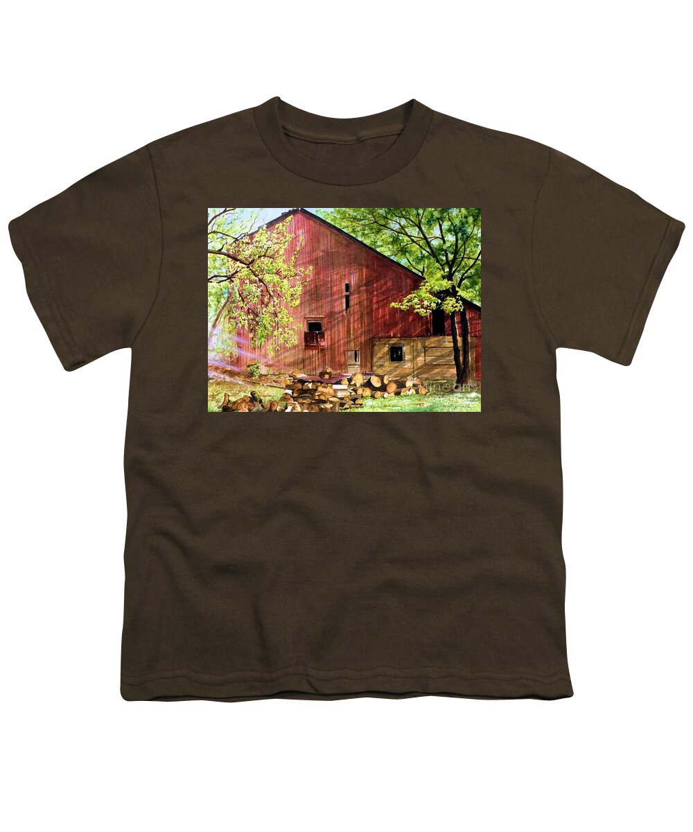 Watercolor Barn Youth T-Shirt featuring the painting Sun Stroked by Barbara Jewell