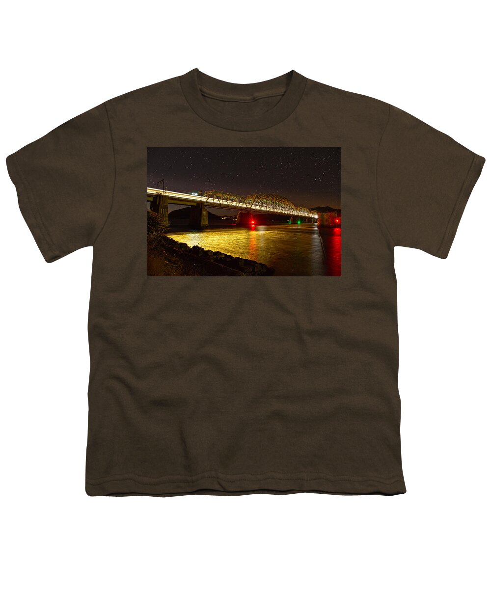 Hawkesbury River Railway Bridge Youth T-Shirt featuring the photograph Train lights in the night by Miroslava Jurcik