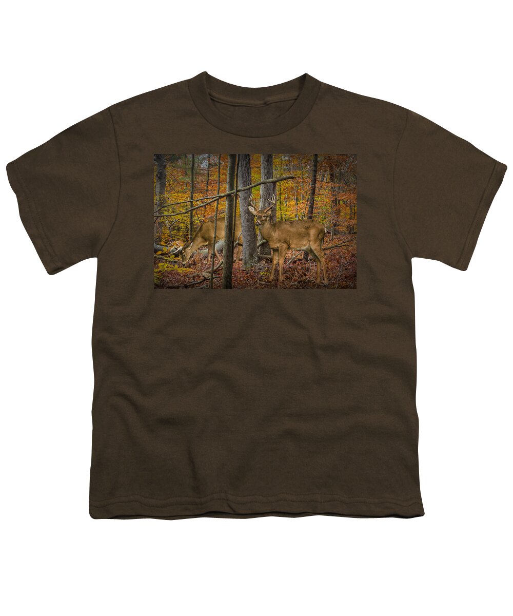 Art Youth T-Shirt featuring the photograph White Tail Deer Bucks in an Autumn Woodland Forest by Randall Nyhof