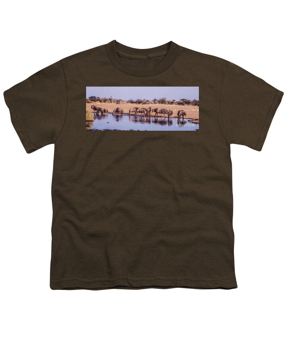 Wildebeest Youth T-Shirt featuring the digital art Wildebeest at an Etosha waterhole by Liz Leyden
