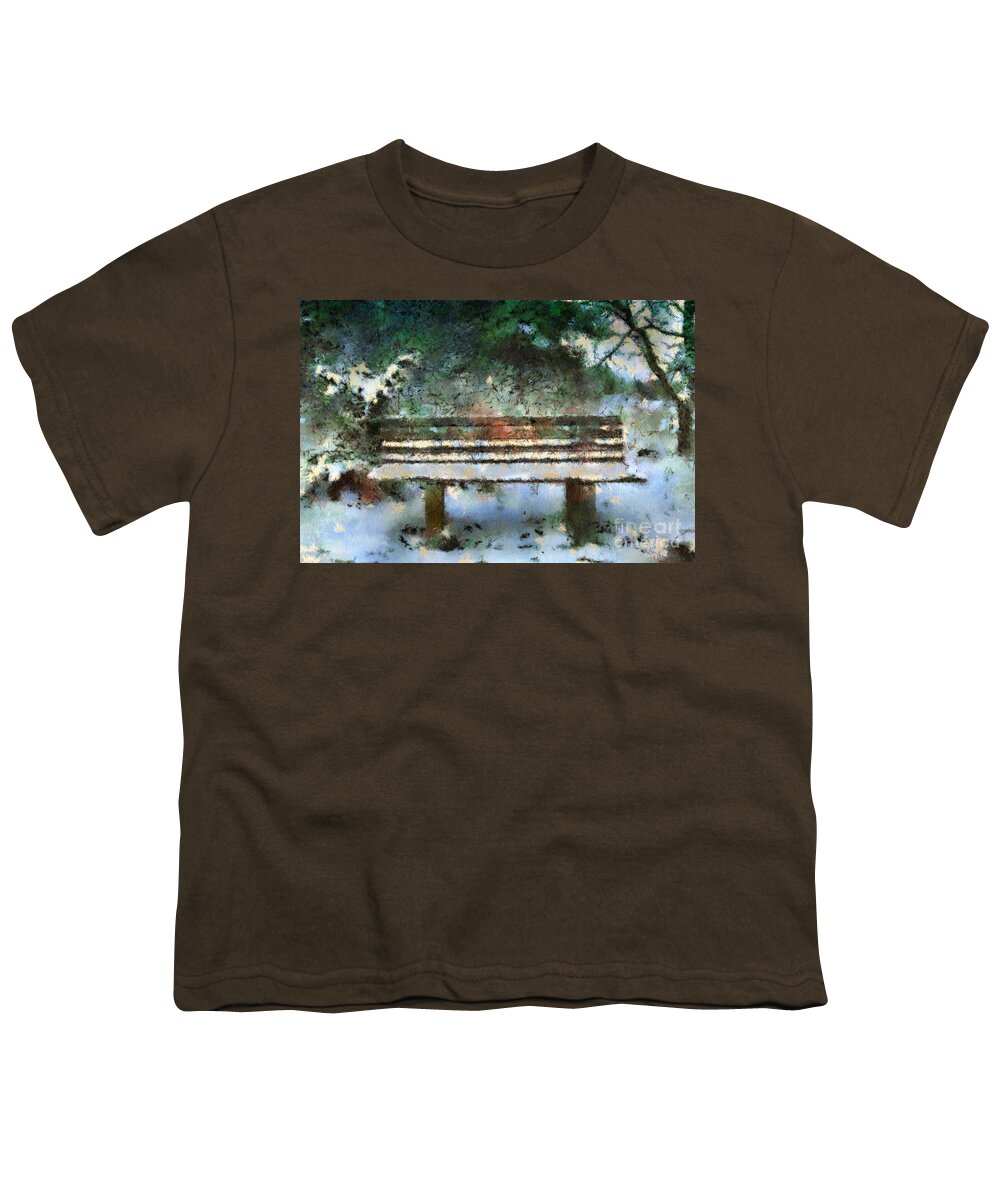 Winter Youth T-Shirt featuring the digital art Wooden Bench in the Forest by Gina Koch