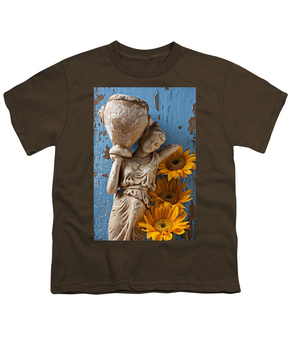 Statue Youth T-Shirt featuring the photograph Statue of woman with sunflowers by Garry Gay