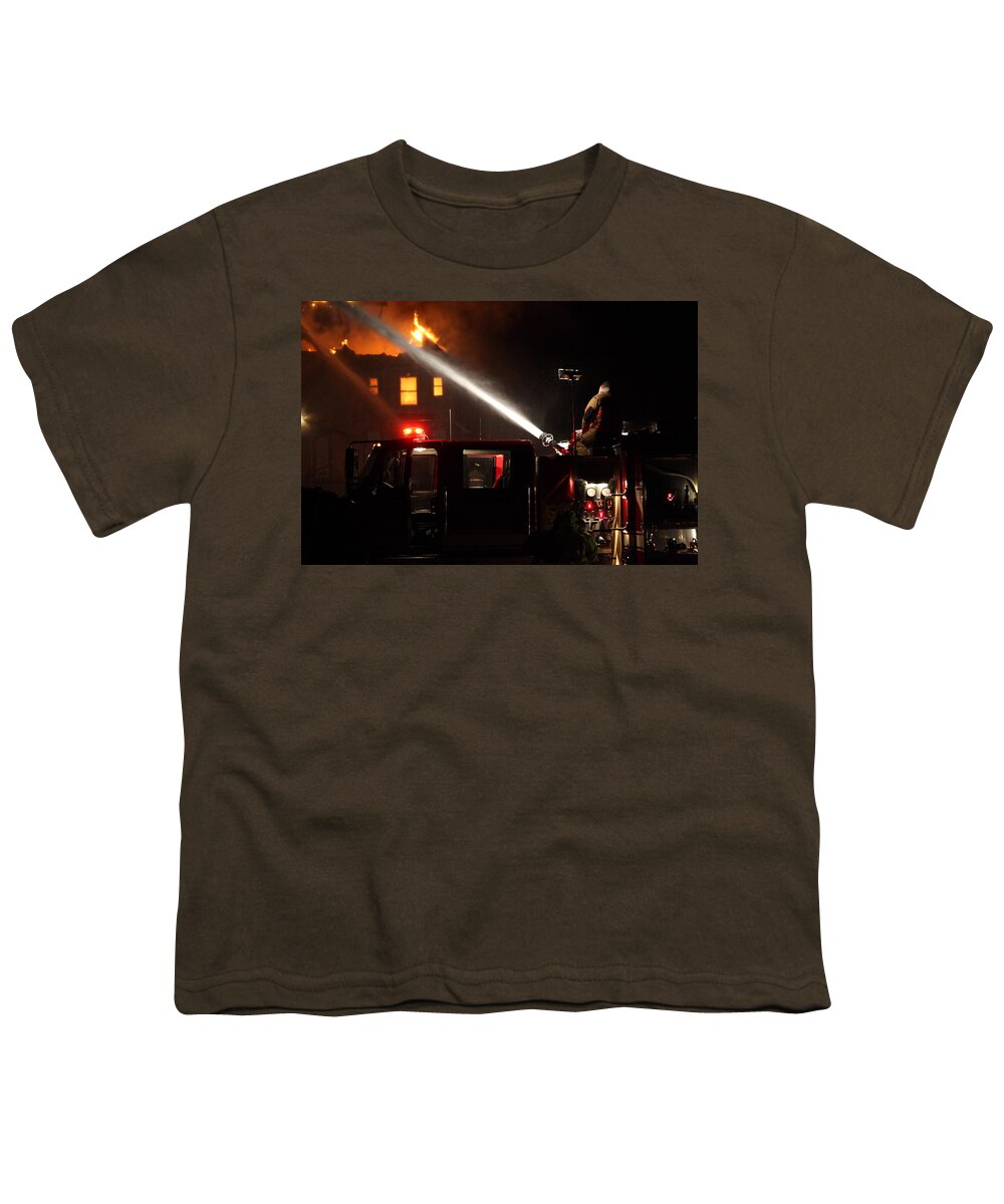 Fire Youth T-Shirt featuring the photograph Water On The Fire From Pumper Truck by Daniel Reed