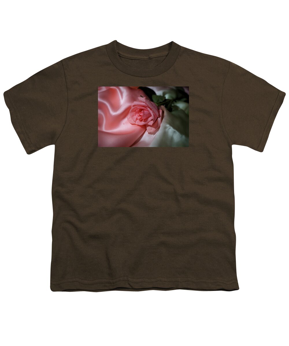 Rose Youth T-Shirt featuring the photograph Pink Rose on the silk by Lilia D