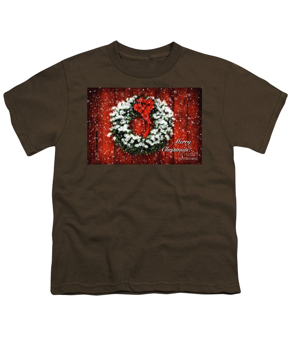 Christmas Card Youth T-Shirt featuring the photograph Snowy Christmas Wreath Card by Lois Bryan