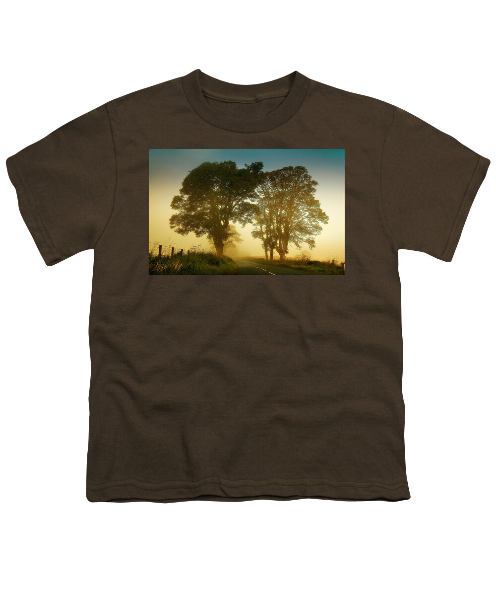 Scotland Youth T-Shirt featuring the photograph Twilight Guardians. Misty Roads of Scotland by Jenny Rainbow