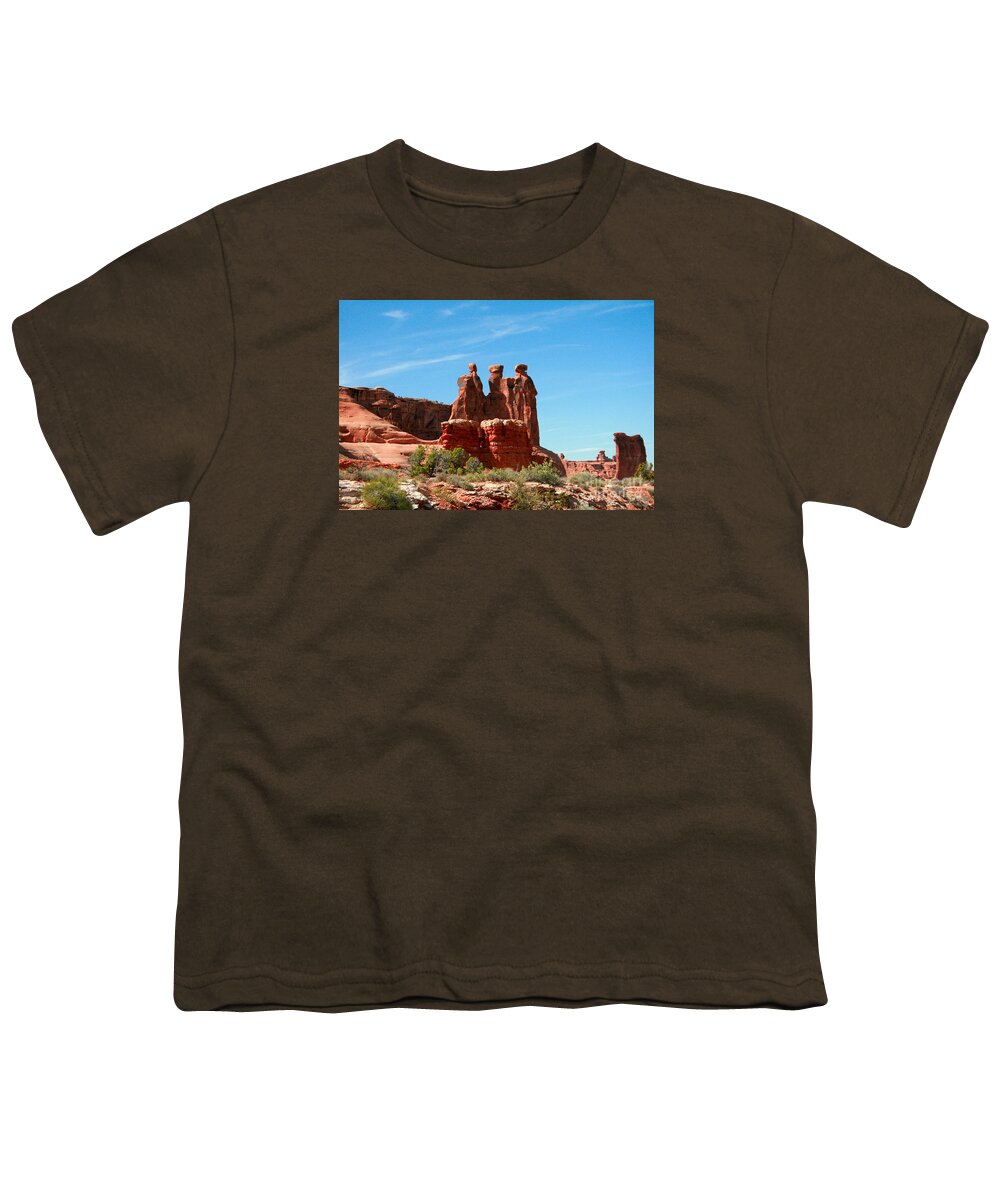 Arches National Park Youth T-Shirt featuring the painting 3 Gossips Hoodoos Arches National Park Moab Utah by Corey Ford