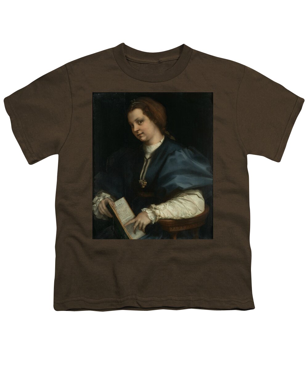 Andrea Del Sarto Youth T-Shirt featuring the painting Lady with a book of Petrarch's rhyme #5 by Andrea del Sarto