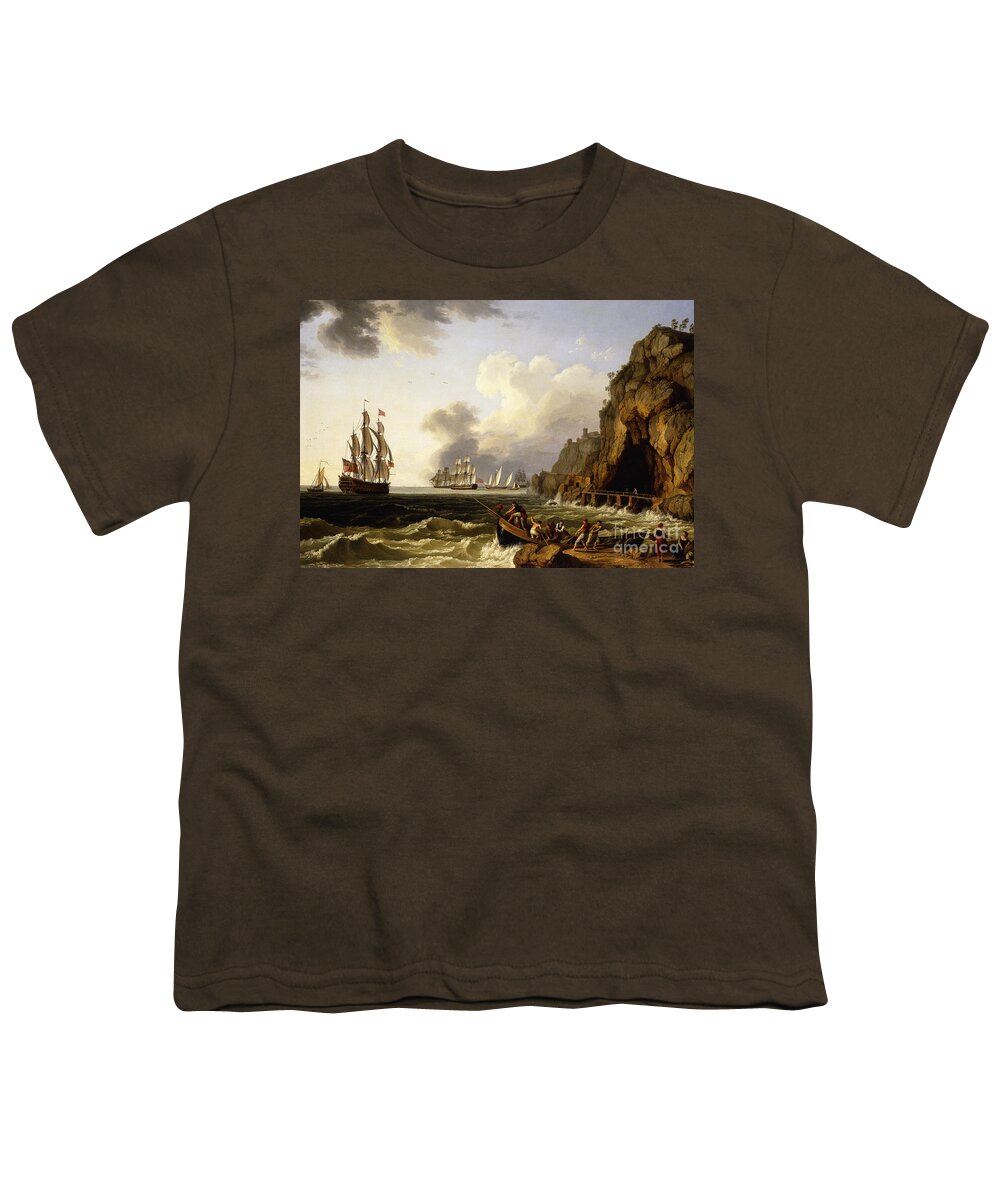 Cliff Youth T-Shirt featuring the painting A View of the Coast near Naples with a British Royal Navy Three-Decker by Jacob-Philippe Hackert