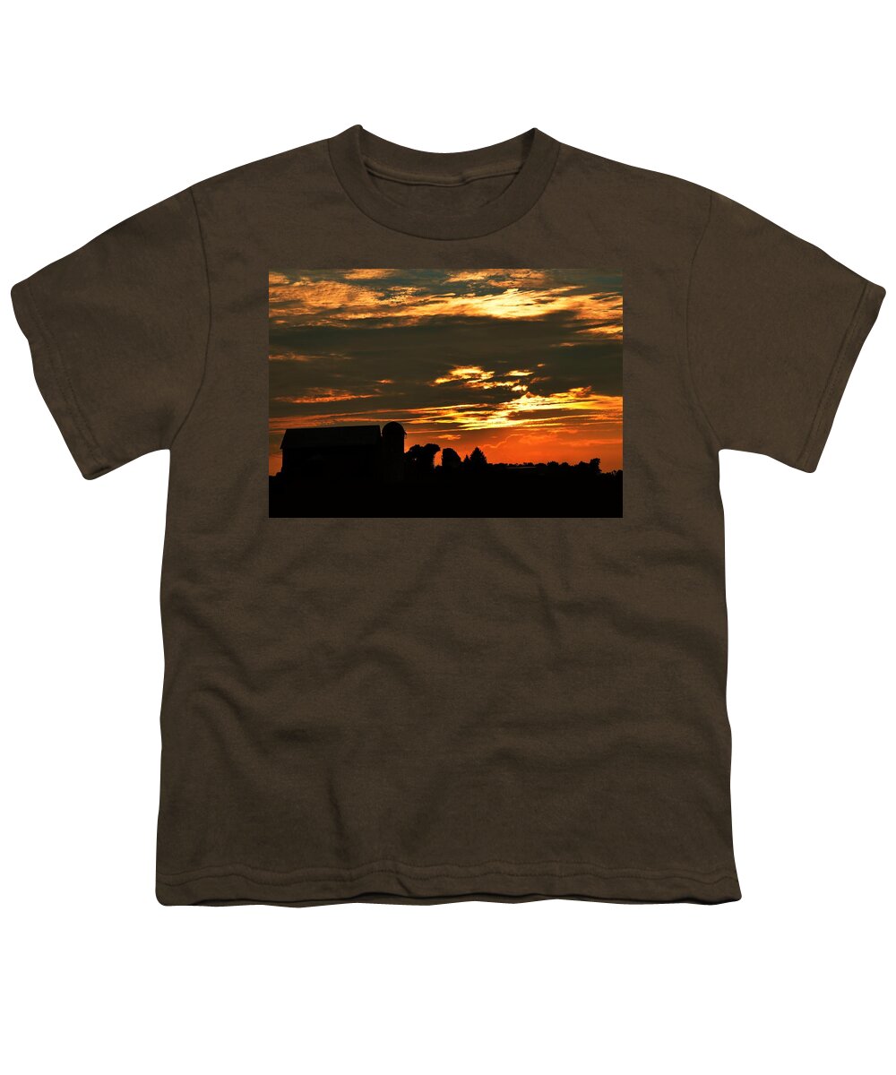 Barn Youth T-Shirt featuring the digital art Barn and Silo at sunset by Robert Habermehl