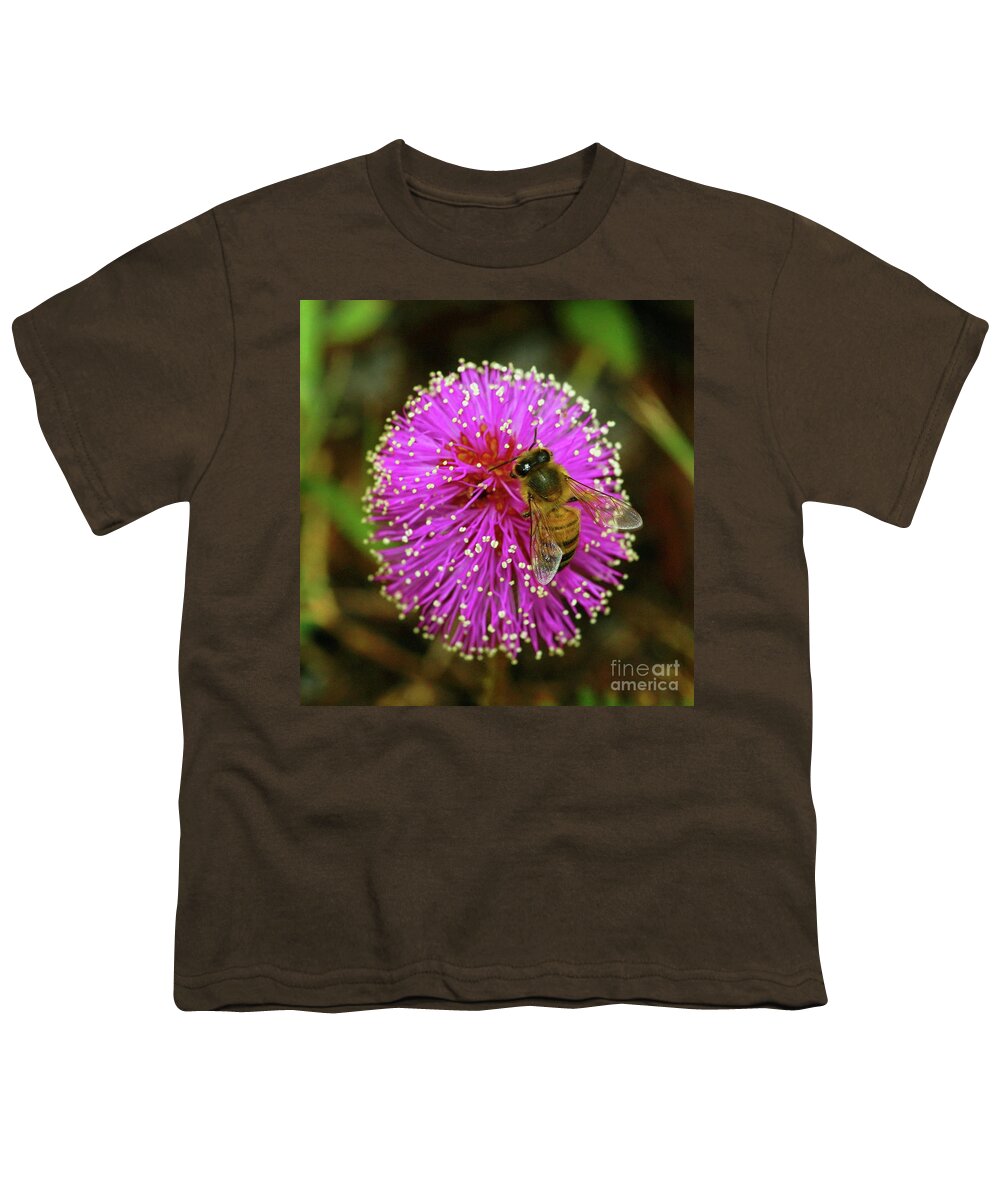 Honey Bee Youth T-Shirt featuring the photograph Bee on Puff Ball by Larry Nieland