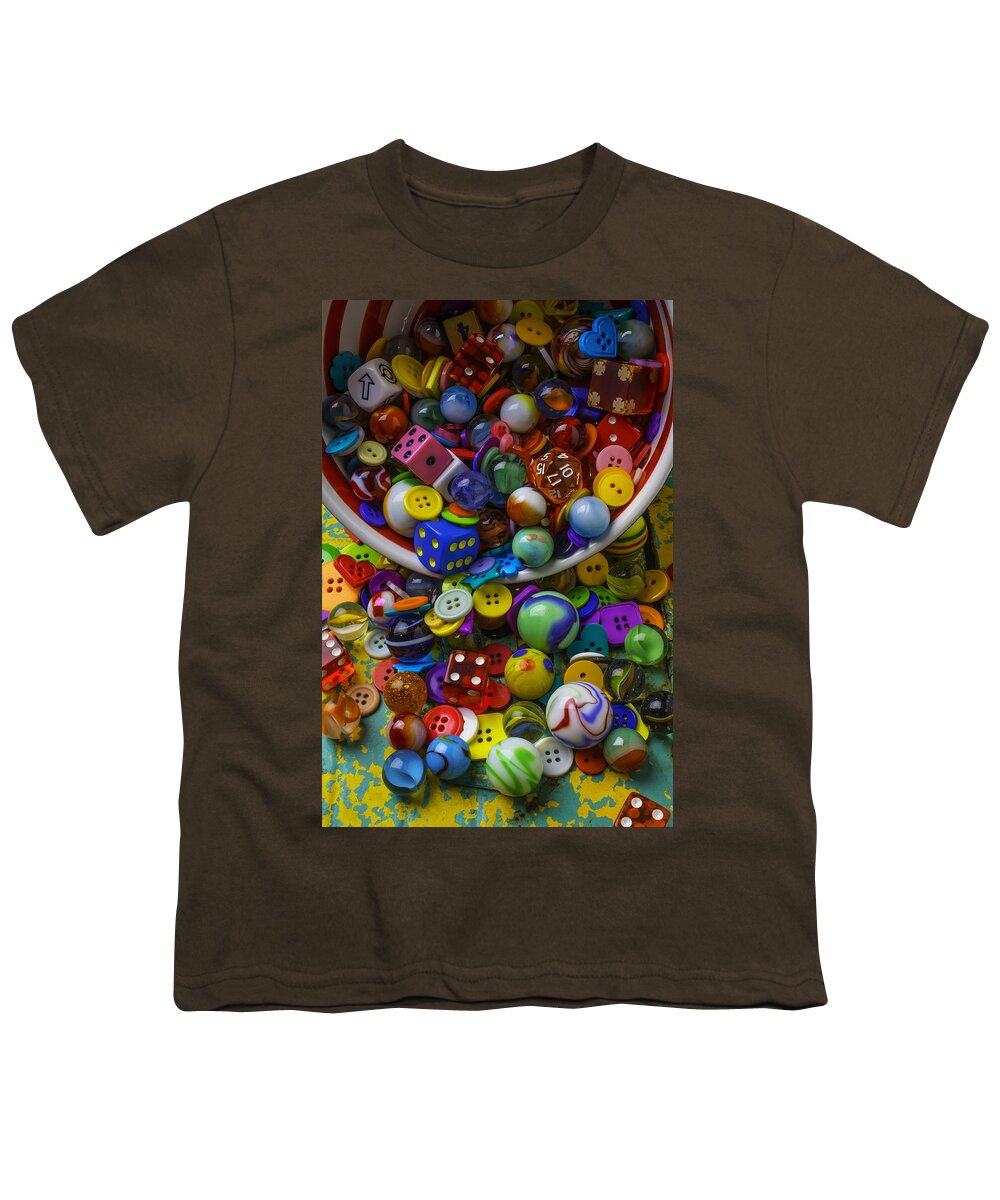 Jars Buttons Youth T-Shirt featuring the photograph Bowl Spilling Marbles Buttons And Dice by Garry Gay