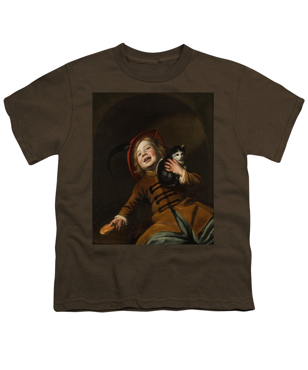 Boy With A Cat Youth T-Shirt featuring the painting Boy with a cat by Judith Leyster