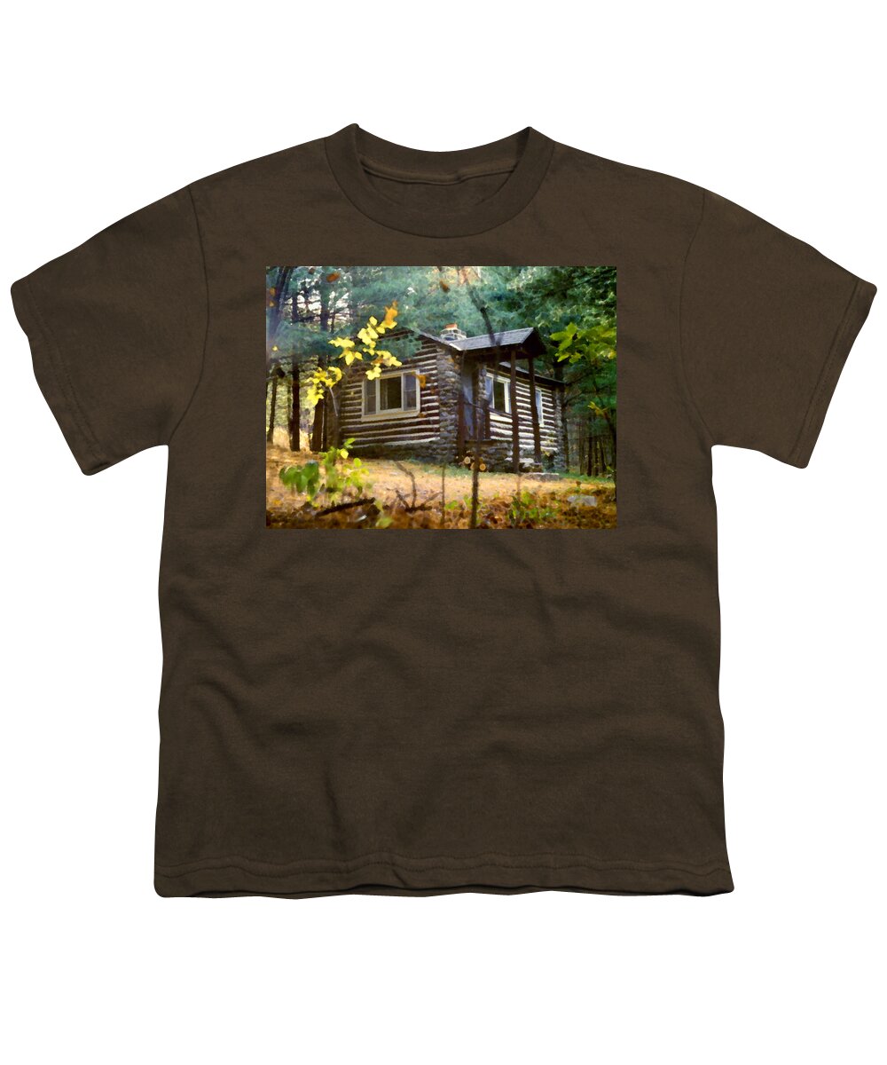 Log Cabin Youth T-Shirt featuring the painting Cabin in the Woods by Paul Sachtleben