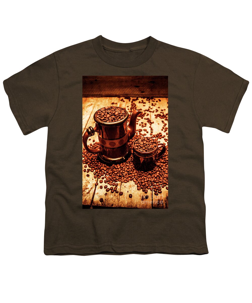 Hot Youth T-Shirt featuring the photograph Ceramic coffee pot and mug overflowing with beans by Jorgo Photography