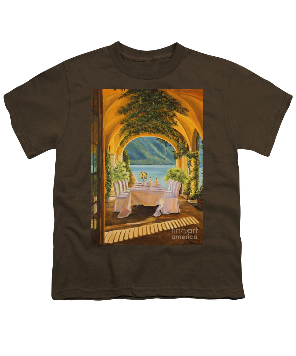 Lake Como Artwork Youth T-Shirt featuring the painting Dining on Lake Como by Charlotte Blanchard