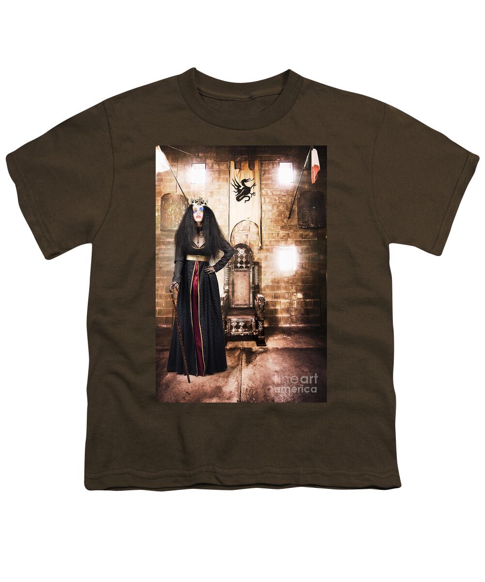 Woman Youth T-Shirt featuring the photograph Female member of Royalty standing by golden throne by Jorgo Photography