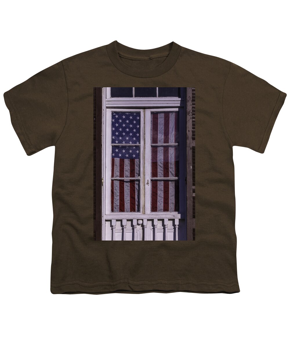 Big Easy Youth T-Shirt featuring the photograph Flag In New Orleans Window by Garry Gay