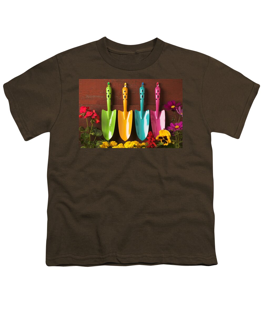 Trowel Youth T-Shirt featuring the photograph Four colored trowels by Garry Gay