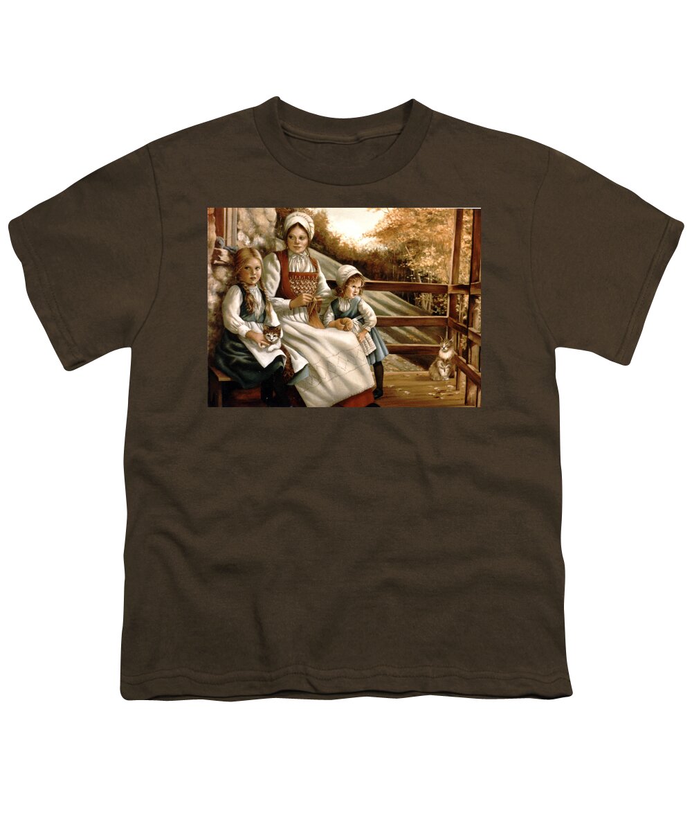 Children Youth T-Shirt featuring the painting Girls with Cats by Marie Witte