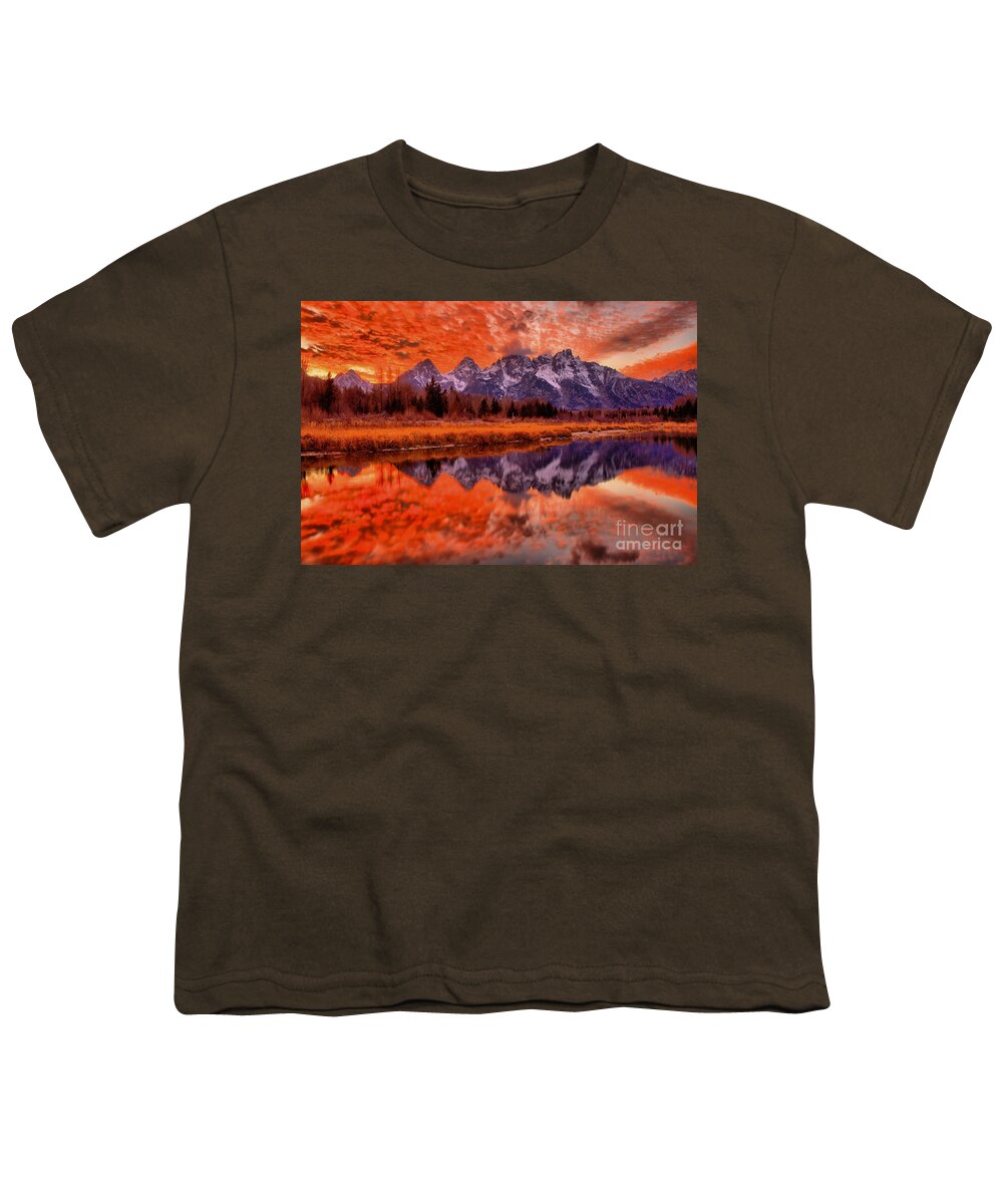 Schwabacher Landing Youth T-Shirt featuring the photograph Grand Teton Orange Sunset by Adam Jewell