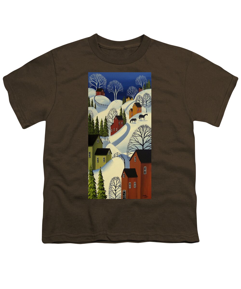 Winter Youth T-Shirt featuring the painting Hills Of Winter - snow landscape by Debbie Criswell