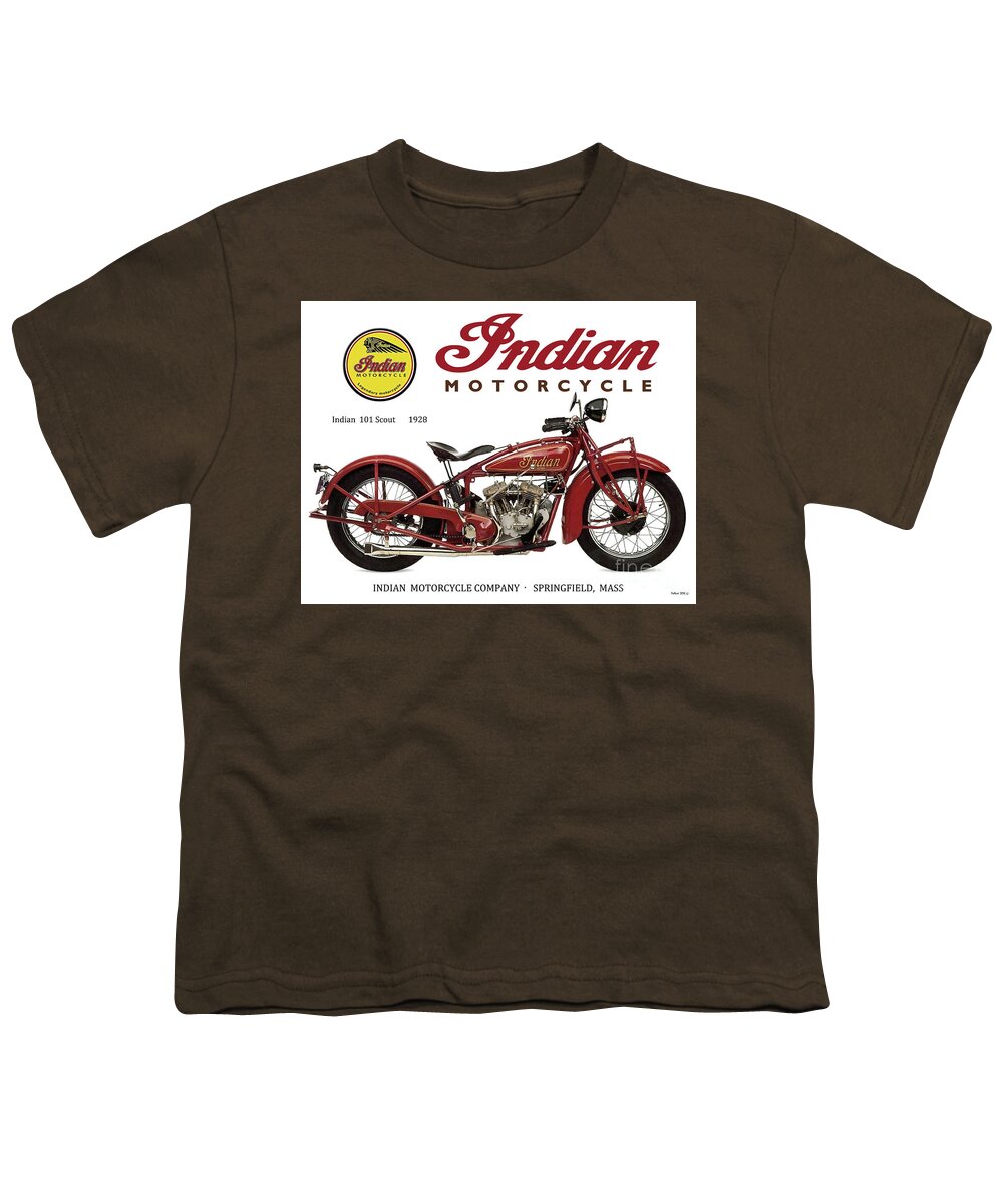Indian 101 Scout Youth T-Shirt featuring the mixed media Indian 101 Scout, 1928, motorcycle sign, vintage, original art by Thomas Pollart