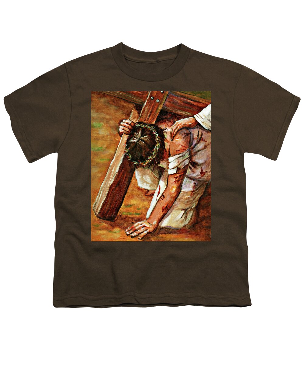 Jesus Youth T-Shirt featuring the painting Jesus Falls by Dorothy Riley