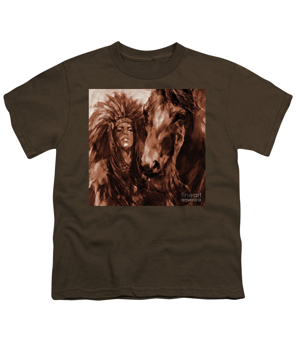 Native American Youth T-Shirt featuring the painting Native Woman with Horse by Gull G