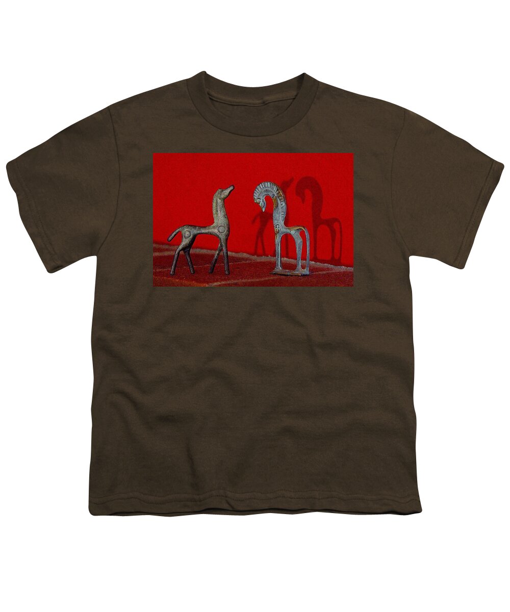 Red Wall Youth T-Shirt featuring the digital art Red Wall Horse Statues by Jana Russon