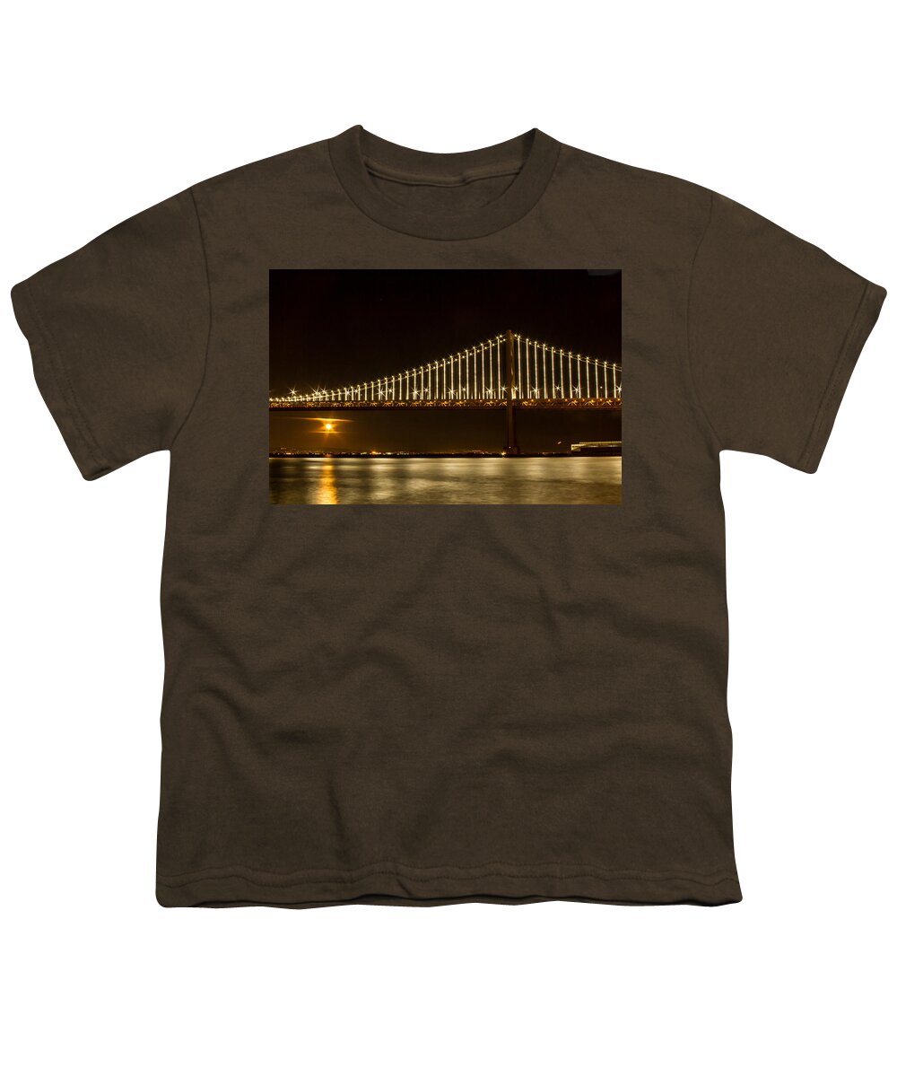 Rising Moon Under The Bay Bridge Youth T-Shirt featuring the photograph Rising Moon Under the Bay Bridge by Bonnie Follett