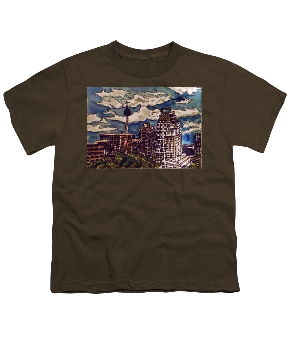 Cityscape Youth T-Shirt featuring the painting San Antonio Skyline by Angela Weddle